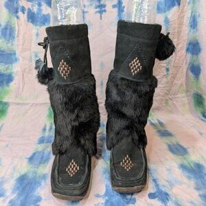 Bravo Brown's Black Suede Leather and Fur Mukluk Boots Women Size 37